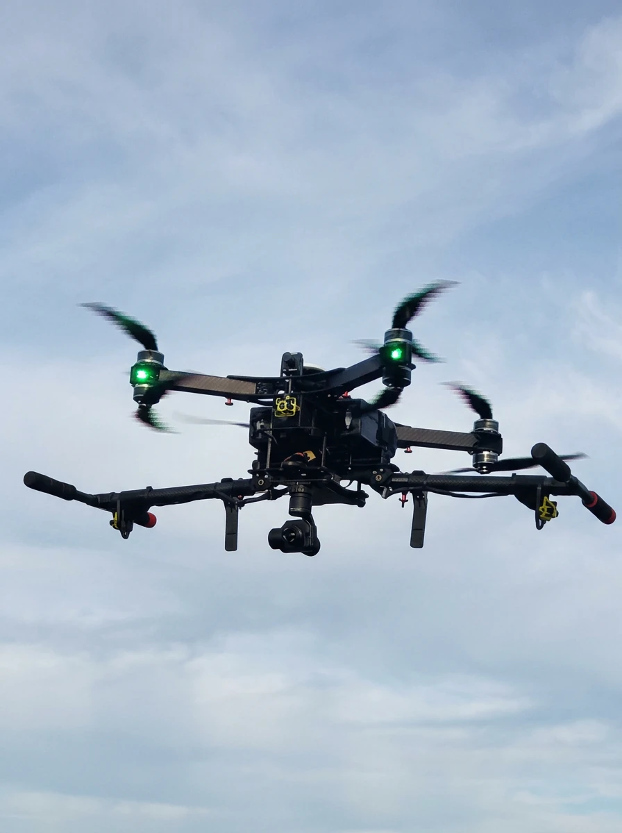 Imagen de referencia: Plataforma aérea plegable con cámara estabilizada en vuelo