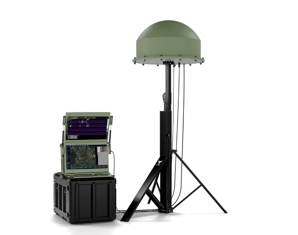 Imagen de referencia: Sistema contra drones con antena sobre trípode y estación de control de doble pantalla